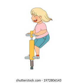 Excited Girl Jumping on Pogo Stick Enjoying Outdoor Activity Vector Illustration
