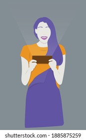 Excited girl with long hair in overalls playing online games on smartphone, flat illustration in corporate colors