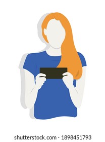 Excited girl with long hair in overalls playing online games on smartphone, flat illustration in corporate colors