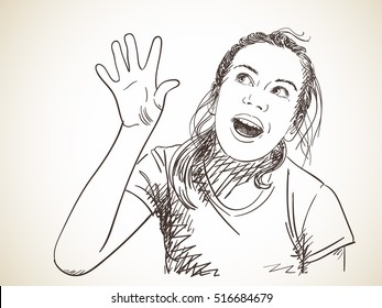 Excited girl looking sideways screaming of joy, Vector sketch Hand drawn illustration