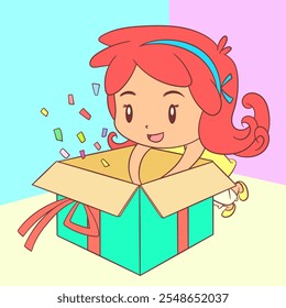 Excited girl opening gift box, cute child, hand drawn, vector illustration