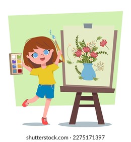 Excited girl painting vector illustration. Happy young woman holding paints and brush, and canvas with colorful flowers drawing. Self-reflection, self-expression, art, hobby concept