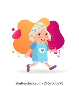 Excited girl running. Little kid in blue dress with thumb up. Childhood concept. Vector illustration can be used for topics like leisure activity, fun, positive feedback