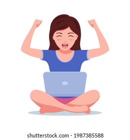 Excited girl sitting with a laptop on the floor with her legs crossed and celebrating a victory. Vector illustration isolated on white. A woman with a laptop raised her hands up in joy. 