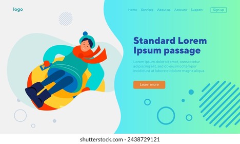 Excited girl sledging downhill. Woman riding on snow tube flat vector illustration. Holiday, outdoor activity, winter vacation concept for banner, website design or landing web page