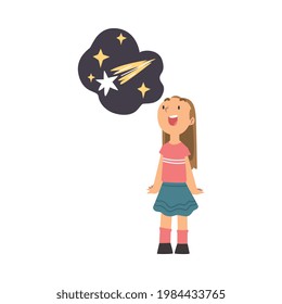 Excited Girl Standing And Watching Space And Galaxy In Planetarium Vector Illustration