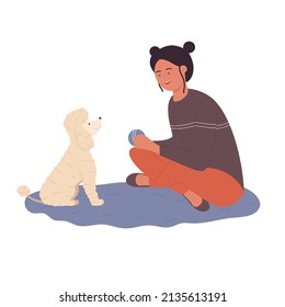 Excited girl talking and playing with her puppy. Fluffy dog and his owner spending time together cartoon vector illustration