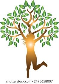 Excited girl with tree. Tree girl. Life coaching. Life of Tree. Vector art. Illustration. Life Counseling Symbol