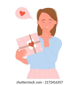 Excited girl with valentine day gift. Box with love, romantic surprise vector illustration