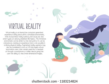 Excited girl in virtual reality. 3d nature feeling. Augmented reality