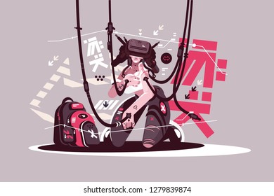 Excited girl in virtual reality vector illustration. Girl wearing virtual reality glasses. Abstract vr world with wireframe glasses flat style concept. Cyberpunk woman. Futuristic future technologies