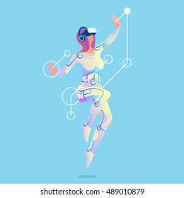 Garota animada em realidade virtual. Ilustração vetorial