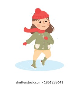Excited Girl in Warm Clothing Ice Skating Vector Illustration
