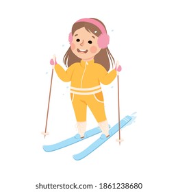 Excited Girl in Warm Clothing Skiing Vector Illustration