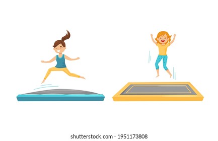 Excited Girls Jumping on Trampoline Bouncing and Having Fun Vector Set