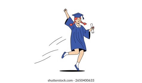 Entusiasmado pós-graduação em manto azul segurando diploma celebrando a realização acadêmica com salto alegre