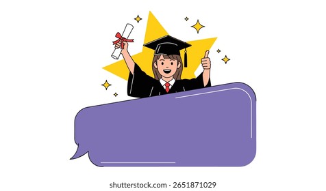 Entusiasmado pós-graduação em boné e vestido segurando diploma celebrando a realização acadêmica com balão de fala