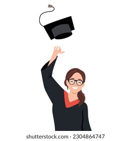 Excited graduate in cloak and graduation hat. Caucasian graduate throwing up hat. Cheerful female graduate with hands raised celebrating. Flat vector illustration isolated on white background