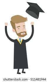 Excited graduate in cloak and graduation hat. Hipster graduate throwing up his hat. Cheerful graduate with hands raised celebrating. Vector flat design illustration isolated on white background.