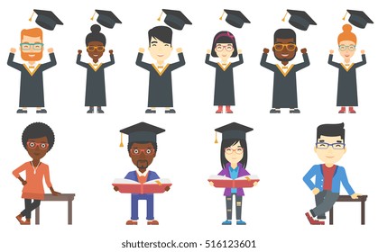 Excited graduate in cloak and graduation hat. Happy graduate throwing up his hat. Cheerful graduate celebrating with hands raised. Set of vector flat design illustrations isolated on white background.