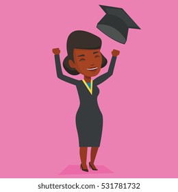 Excited graduate in cloak and graduation hat. An african-american graduate throwing up her hat. Cheerful female graduate with hands raised celebrating. Vector flat design illustration. Square layout.
