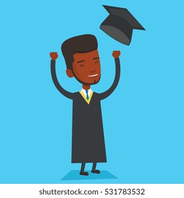 Excited graduate in cloak and graduation hat. An african-american graduate throwing up his hat. Cheerful graduate with hands raised celebrating. Vector flat design illustration. Square layout.