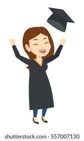 Excited graduate in cloak and graduation hat. Caucasian graduate throwing up hat. Cheerful female graduate with hands raised celebrating. Vector flat design illustration isolated on white background.