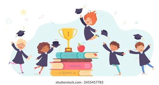 Excited graduates jumping and tossing mortarboard caps vector illustration. Cartoon isolated funny happy boys and girls students celebrate gold cup for graduation achievement near school books