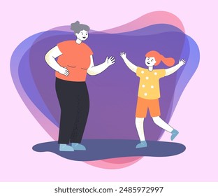 Excited granddaughter visiting old grandmother. Welcoming granny and happy grandchild flat vector illustration. Family, love, relatives concept