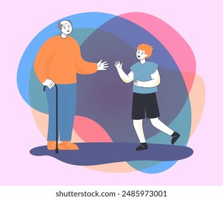 Excited grandson visiting old grandfather. Welcoming granpa with cane and happy grandchild flat vector illustration. Family, love, relatives concept