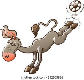 Excited gray donkey with big ears kicking violently a soccer ball with the hooves of his hind legs while smiling enthusiastically and clenching his eyes