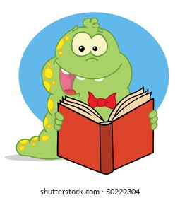 Excited Green Caterpillar Reading An Entertaining Book