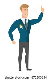 Excited groom in a wedding suit pointing with his finger. Full length of groom pointing his finger up. Groom with finger pointing up. Vector flat design illustration isolated on white background.