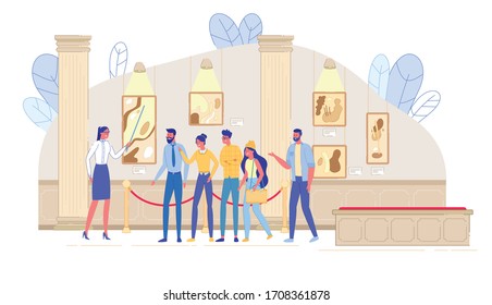 Excited Guide Excursion to Art Gallery Museum. People Touristic Group Visiting Modern Artwork Collection Exhibition. Abstract Painting in Canvas Hanging on Wall. Cultural Life. Vector Illustration