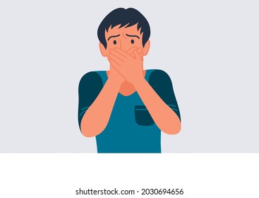 Excited guy covers mouth with hands. Young man looks scared and is afraid to speak. Vector illustration of human emotions in flat cartoon style