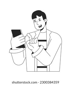 Excited guy playing on phone bw vector spot illustration. Scrolling cellphone 2D cartoon flat line monochromatic character on white for web UI design. Gadget user editable isolated outline hero image