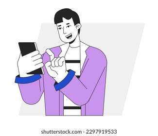 Hombre excitado jugando en la ilustración de spot del vector de línea plana de smartphone. Desplazamiento del personaje de contorno de dibujos animados 2D en blanco para diseño de interfaz de usuario web. Imagen de héroe de color aislado editable por el usuario de gadget