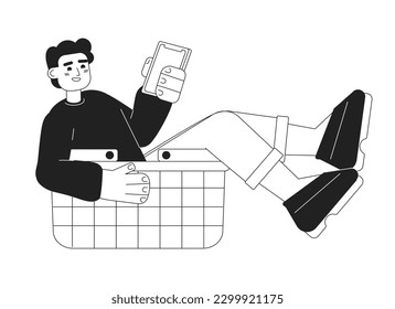 Excited guy in shopping basket making purchases online monochromatic flat vector character. Editable thin line full body person on white. Simple bw cartoon spot image for web graphic design, animation
