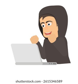 Excited hacker in hoodie celebrates success. Hacker, vector illustration.