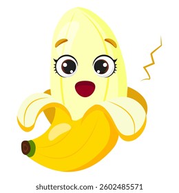 Excited half-peeled banana with big, happy eyes and a surprised expression. Fresh tropical fruit with a bright yellow peel. Great for healthy eating concepts, smoothie promotions