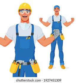 Excited handyman in bib overalls, hard hat and protective eyewear celebrating success with raised hands. Full size under clipping mask. Vector cartoon character isolated on white background.