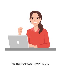 Excited happy business woman or girl sit at desk looks at laptop screen read incredible news clench fists makes yes. Flat vector illustration isolated on white background