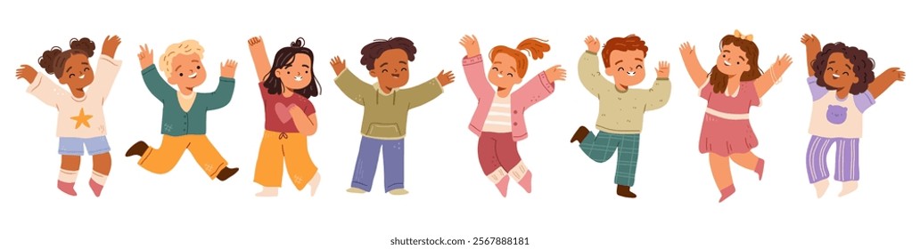 Excited and happy children running and jumping. Vector in flat style, isolated set of cute characters, boys and girls with closed eyes and smiles on faces. Happiness and gladness from kids