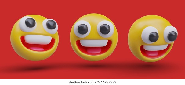 Excited happy emoticon with open mouth. Positive impression, happiness, satisfaction. 3D models from different angles. Templates for interactive web design