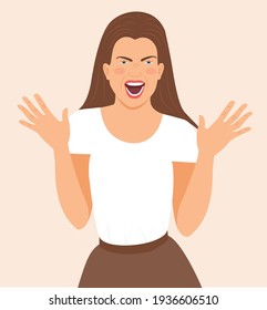 Excited happy lucky woman raising palms and screaming for joy. Cheering, raising palms in supportive move smiling joyfully,shouts loudly. Rejoice success, cheers celebrates victory vector illustration