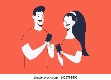 Excited and happy man and woman with phone vector cartoon characters isolated on background.