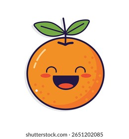 
Ícone de fruta laranja feliz e animado com um grande sorriso e duas folhas. Perfeito para designs alegres, saudáveis ou vibrantes.