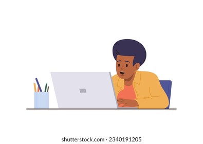 Excited happy schoolboy character studying online using laptop computer enjoying homeschooling