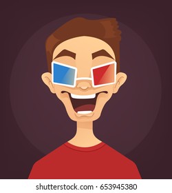 Excited happy smiling man boy teen character watching movie in cinema. Vector flat cartoon illustration