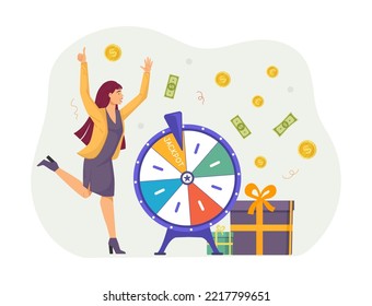 Excited happy woman winning money and gift at wheel of fortune. Lucky player won jackpot in casino, money flying around them. Gambling, game of chance, luck cartoon vector